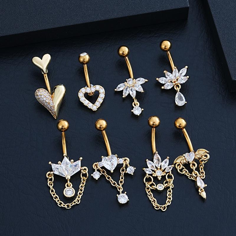 Zircon Heart Belly Button Ring For Women Girls Body Piercing Stainless Steel Navel Ring Beach Jewelry