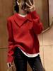 Women's Zodiac New Year Red Wool Sweater - High-End Knitwear with Irregular Lapel Design