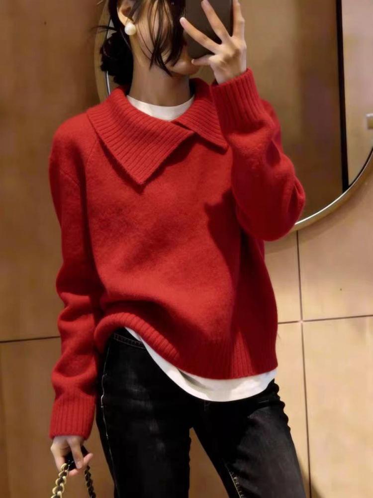 Women's Zodiac New Year Red Wool Sweater - High-End Knitwear with Irregular Lapel Design