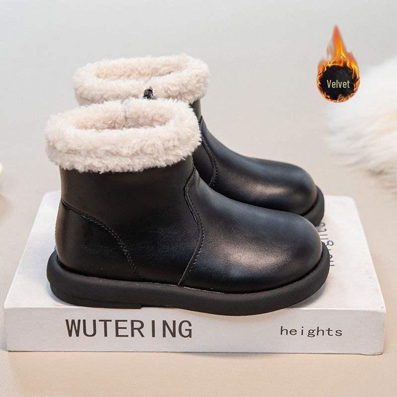 Girls' Non-slip Waterproof Leather Snow Boots with Soft Sole and Velvet Lining for All Seasons
