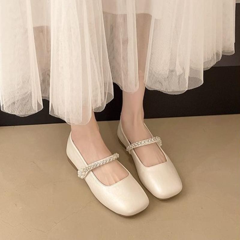 Mary Jane Flats with Rhinestone 2025 New Square Toe Soft Sole Shallow Versatile Women's Shoes Spring and Autumn Fashion Footwear