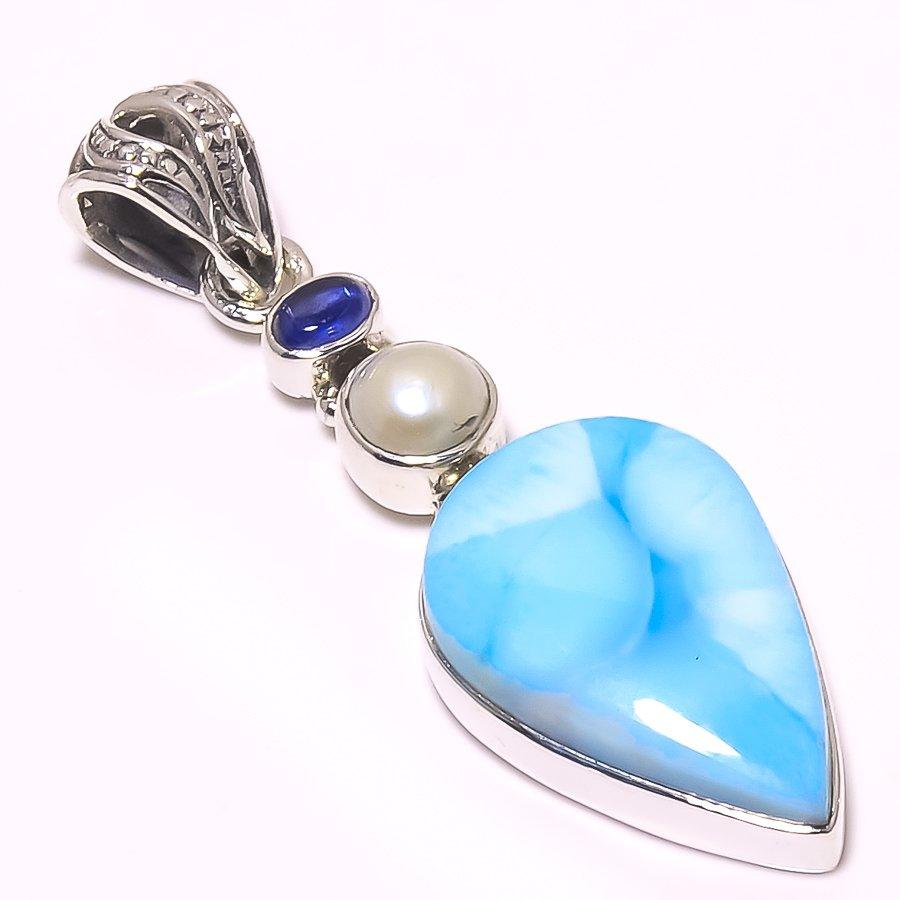 Natural Republic Larimar,Perlă Argint Sterling Solid 925 Pandantiv Cadou 1.89" P9v17