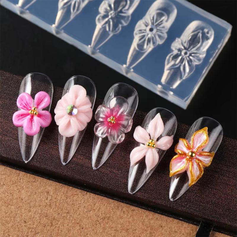 3D Spring Flower Nail Silicone Nail Carving Mold Lily Hibiscus Resin Design Nail Art Print Stencils Diy Manicure Mold Tools