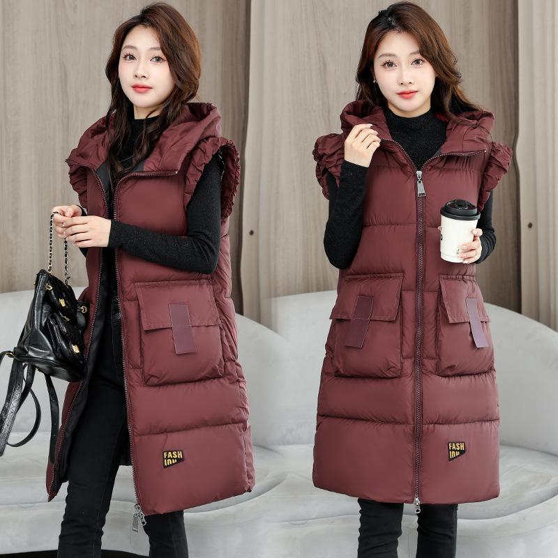 Large Size Autumn and Winter Women's Vest Hooded Mid-length Outdoor Thickened Windproof Warm Vest Loose Sleeveless Jacket Jacket