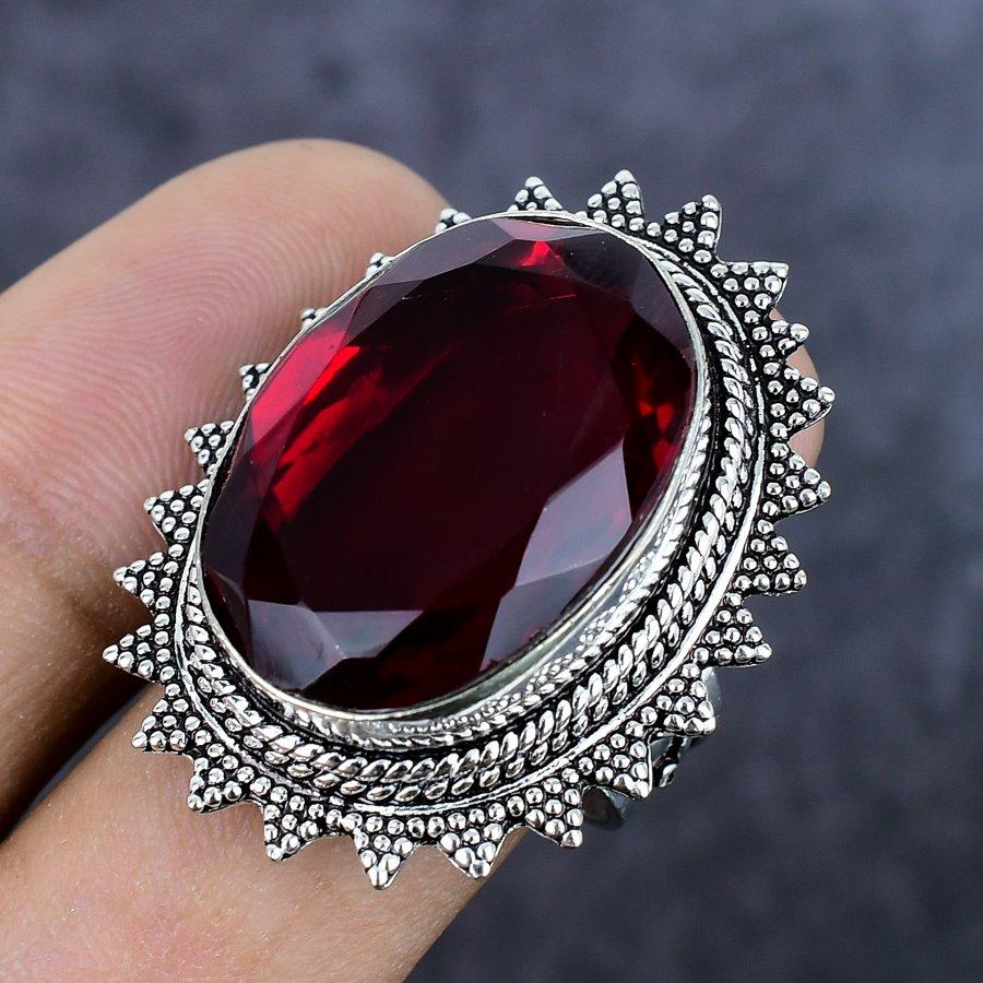 Natural Garnet Gemstone Handmade 925 Sterling Silver Jewelry Ring Size 9 V7J54