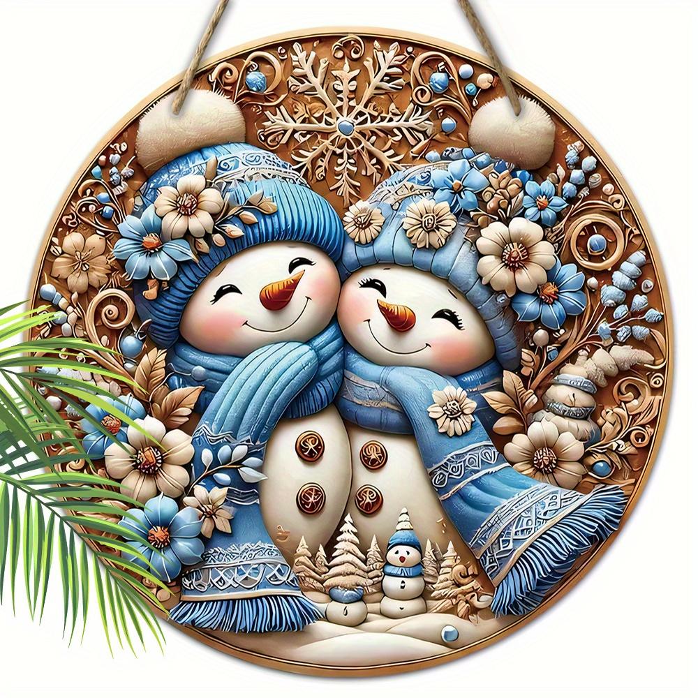 Cute Winter Wonderland Wooden Christmas Sign with Snowman Pattern - Navidad Round Sign for Front Door Wall Hanging Decor - Ideal Christmas Decoration