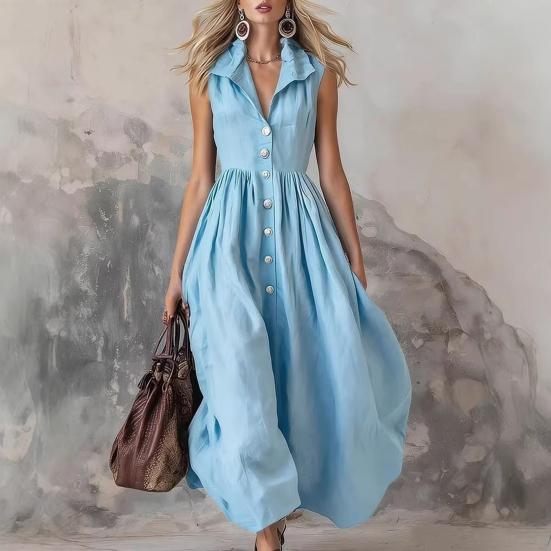 Summer Maxi Shirt Dress for Women Sleeveless Button Down Lapel Long Dress Beach Vacation A-line Flowy Sundress with Pockets