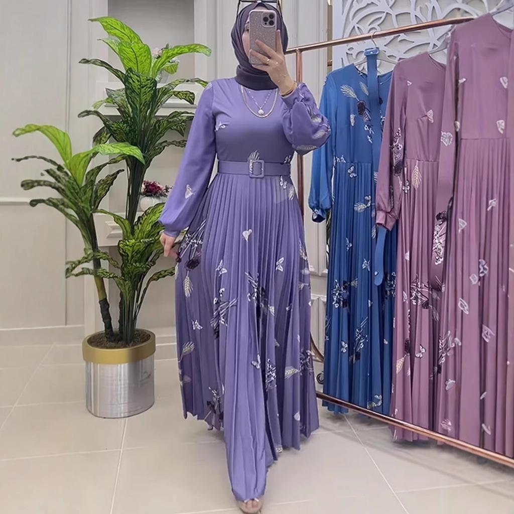 Women Long Sleeve Pleated Maxi Dress Butterfly Print Belted A Line Casual Elegant Dress