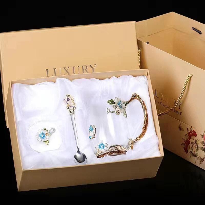 Heat-Resistant Enamel Flower Tea Cup, Creative Painted Crystal Glass Coffee Cup with Handle