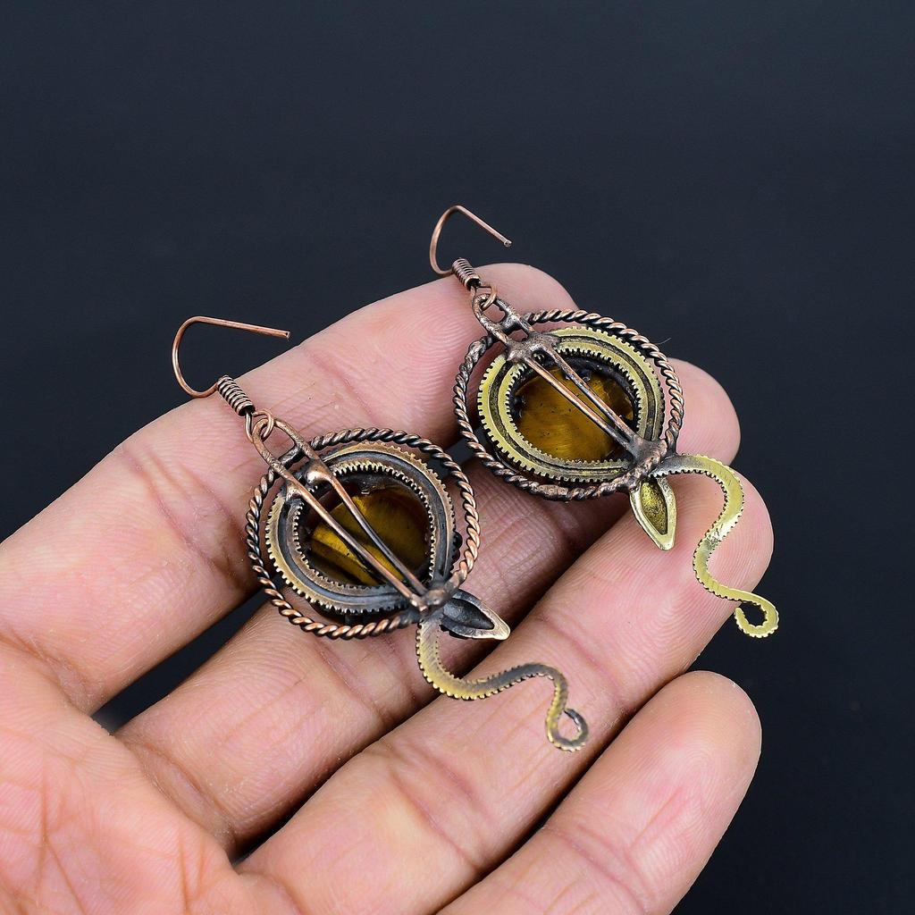 Tiger's Eye 999 Copper Wire Wrapped Earrings, Handmade Gemstone Earrings, Gift For Mom Antique Jewelry