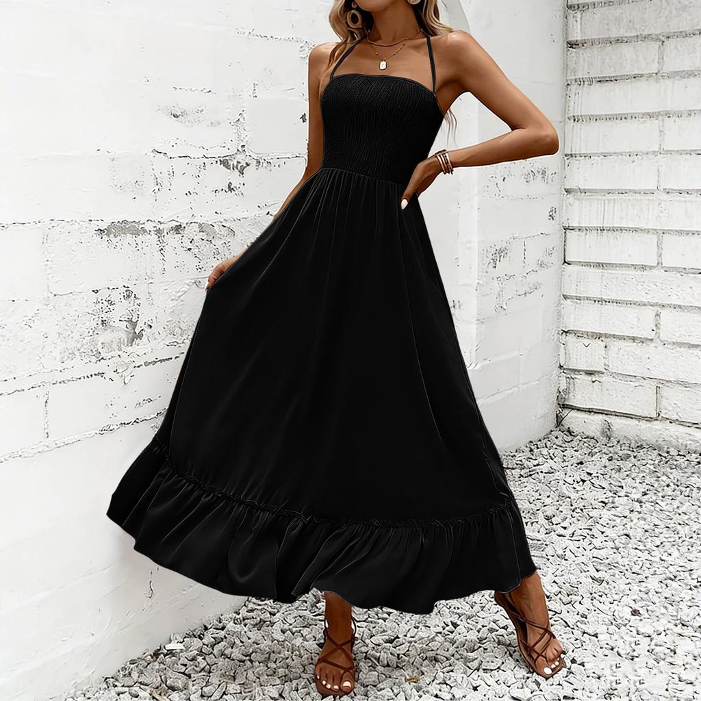 Women Neck Maxi Dress Sleeveless Solid Loose Fit Flowy Skirt Casual Sundress with Ruffled Hem Design
