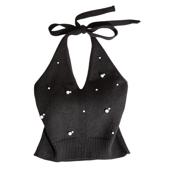 Women Tops Halter Neck Beaded Faux Pearls Camisole Soft Stretchy Loose Fit Solid Color Knitting Tops Work Party Wear