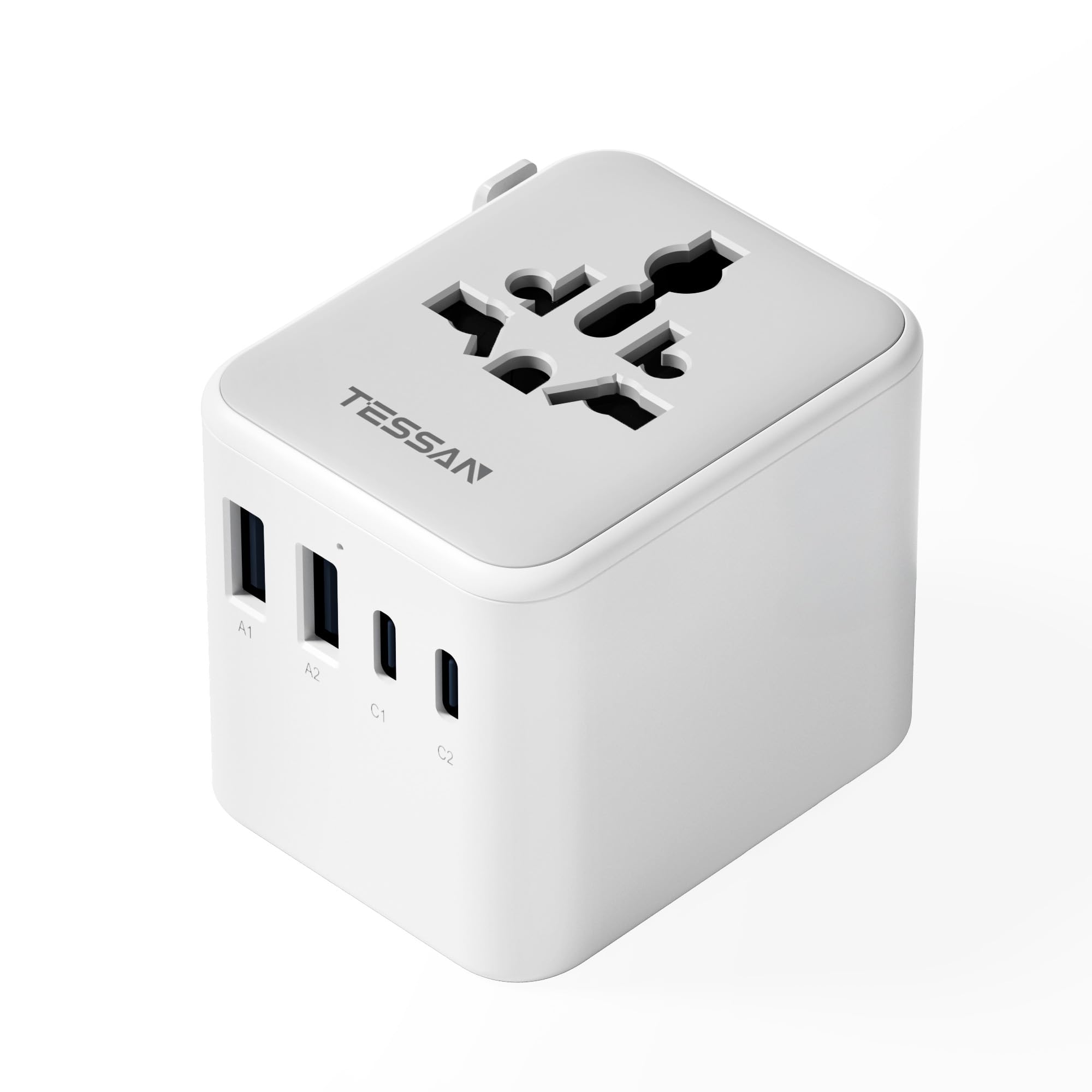 

TESSAN Дорожній перетворювач з двома портами USB-C та двома портами USB-A, включає типи C/O/BF/A та універсальний адаптер-перехідник для міжнародного використання в Європі