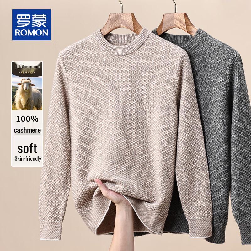 

ROMON Men s Thickened 100% Cashmere Plaid Semi-High Neck Pullover Sweater XL