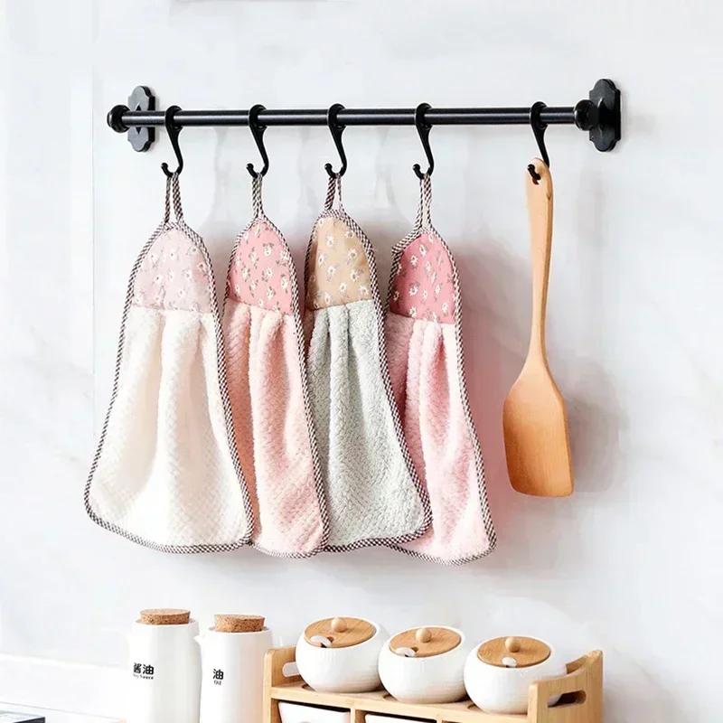 1 Pack Coral Fleece Bathroom Amenities Soft Hand Towels Absorbent Cloth Dish Cloth Hanging Cloth Kitchen Convenient Accessories LS