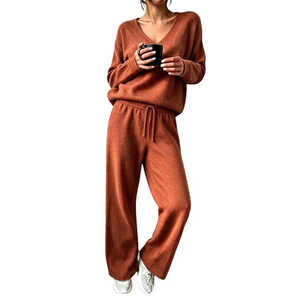 Women's Off-Shoulder Long Sleeve Cutout Knit Two-Piece Set Color Casual Outfit