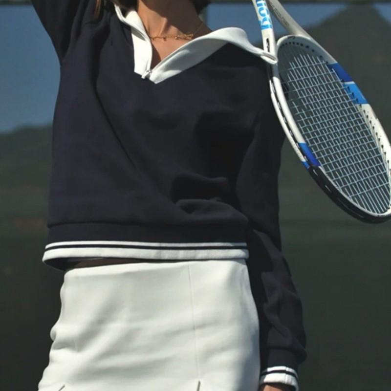 Womens Color-Block Tennis Top With Turn-Down Collar High-Waisted A-Line Pleated Skirt Set Winter Outdoor Casual Sport