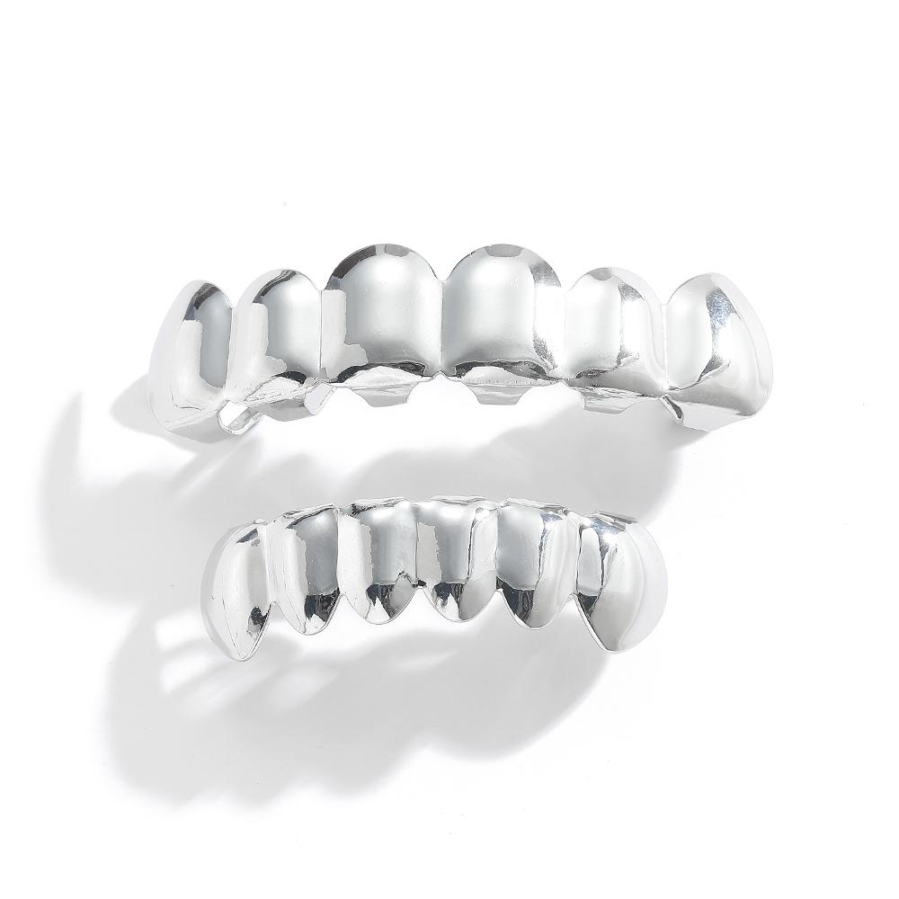 G001 Grillz de Hip Hop para Hombres y Mujeres Iced Out Latón Plateado/Dorado Brillante Juego Superior e Inferior Regalo