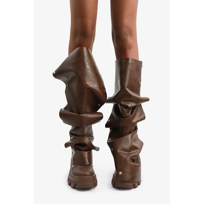 Fashion Thick Heel Thick Sole Metal Rivets Can Be Disassembled Wrinkled Knee High Boots European American Fashion Pile Up Women Boots 43