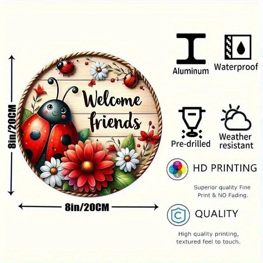 Rustic Ladybug Welcome Sign Charming GardenStyle Wall Hanging with Vibrant Flower Illustrations