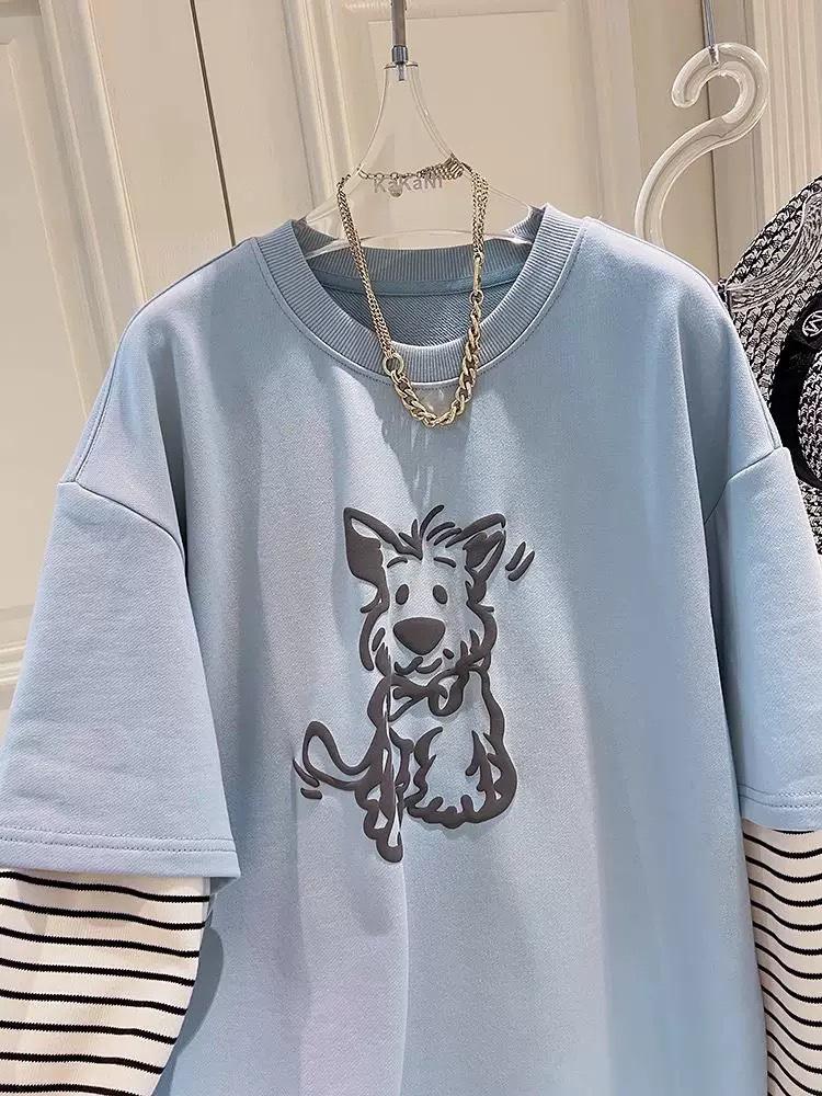 Plus Size Cartoon Striped Long-Sleeve Two-in-One Women's T-Shirt