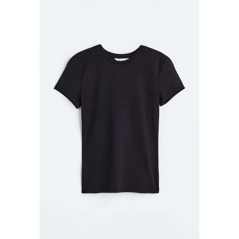 

HM Women s T-shirt Fall Slim Fit Elastic Plaid Basic Style round Neck Short Sleeve Maillard Tops 1142908 Black 170/104A