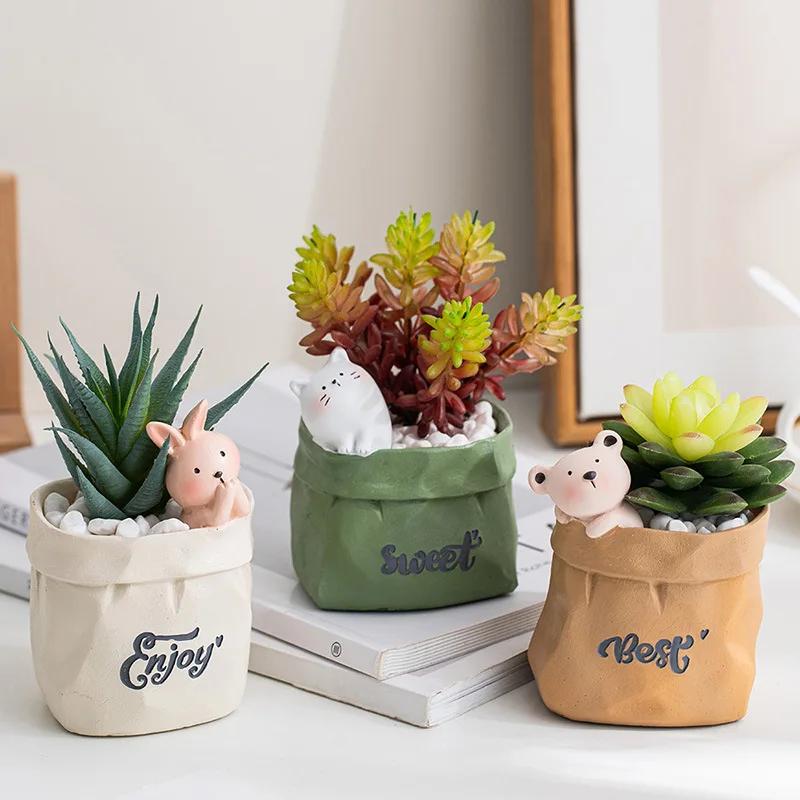 Adorable Animal-Themed Resin Succulent Pot In Paper Bag Design Decorative Planter for Home Decor & Stylish Gift Giving
