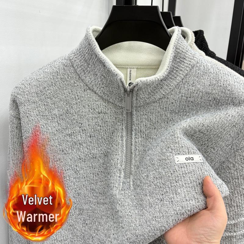 Men s Velvet Half-Zip Floral Knit Sweater with Stand Collar 2XL серый/белый