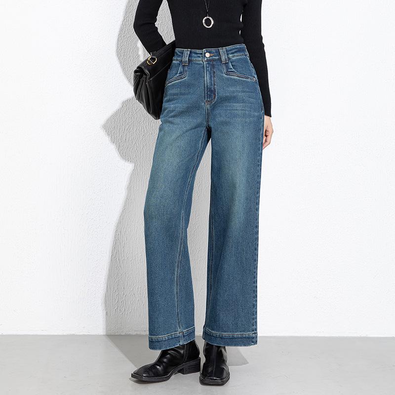2025 Winter High-Waisted Fleece-Lined Wide-Leg Denim Pants S синий