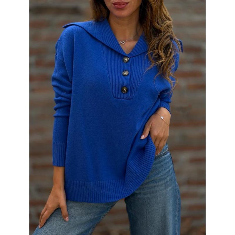 Women S Loose Fit Turn Down Collared Long Sleeve Solid Color Sweater