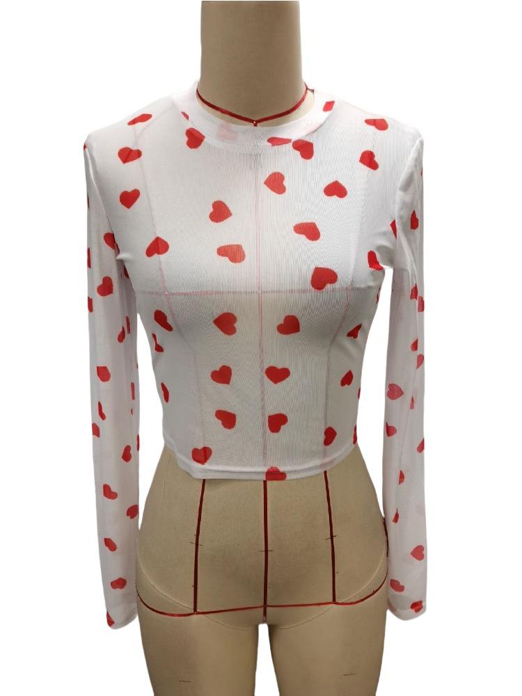 Spring Elegant Special Mesh Print Love Round Neck Long-sleeved T-shirt Slim Tops Women Versatile Closet Essential Fashion Items Shirt