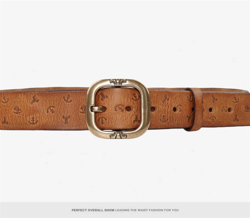 Unisex Handmade Retro Genuine Leather Belt with Solid Copper Pin Buckle