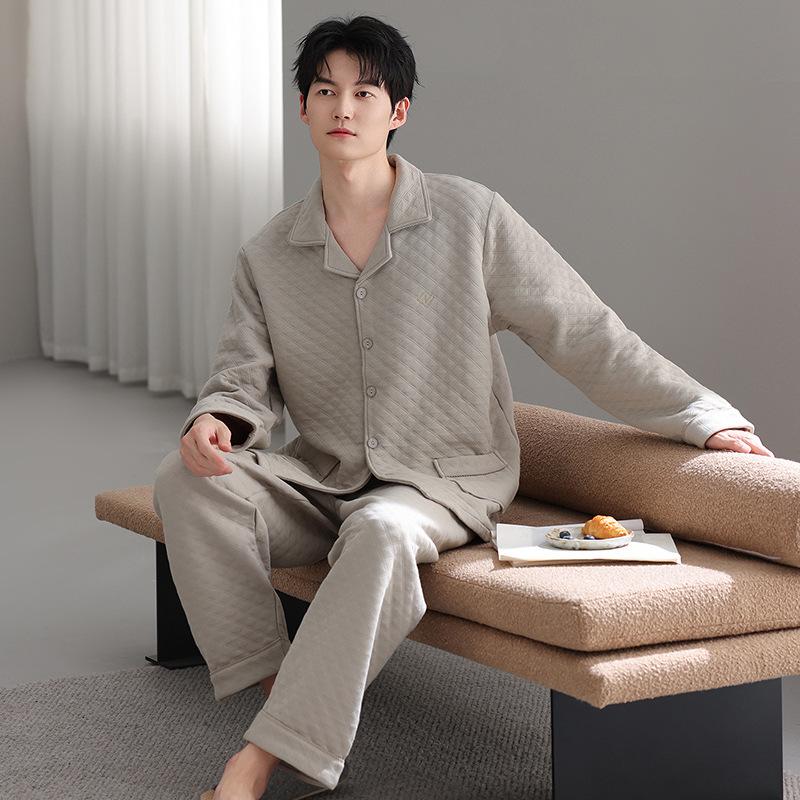 Autumn And Winter Pajamas Men'S Thickened Pure Cotton Interlayer Air Cotton Warm Large Size Loungewear Set
