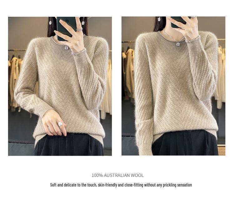 Women's Round Neck Solid Jacquard Wool Pullover Sweater - Autumn/Winter Casual Knitted Top