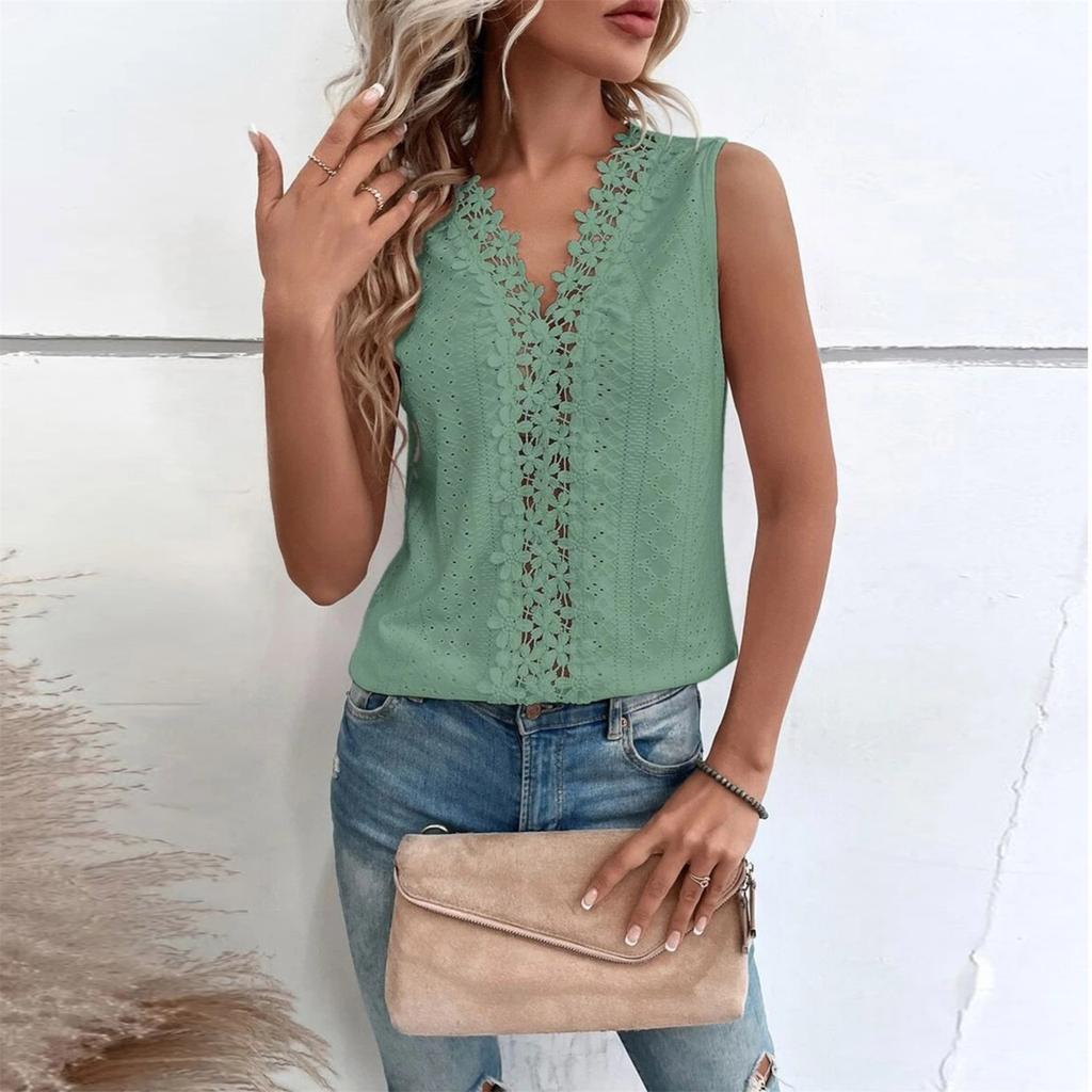 Women Lace Trim Tank Tops V Neck Fashion Casual Sleeveless Blouse Vest Shirts