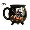 Misterioso Ornamento da Tavolo Magico Tazza Calice Strega di Halloween, 350ml Pentola Vintage Gotica a 3 Gambe, Tazza per Caffè Latte Cioccolata Calda Gatto Nero Ceramica