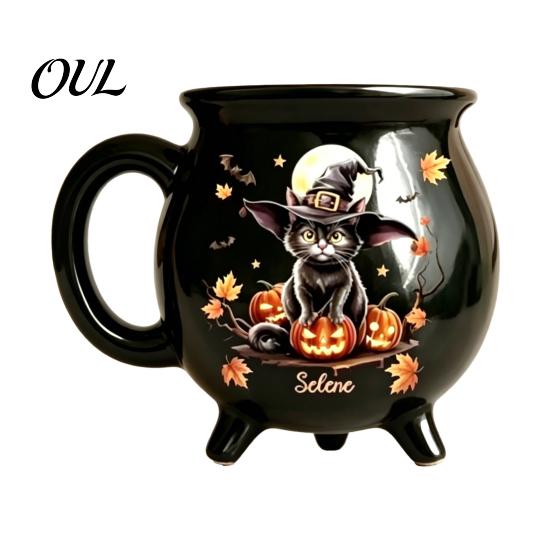 Misterioso Ornamento da Tavolo Magico Tazza Calice Strega di Halloween, 350ml Pentola Vintage Gotica a 3 Gambe, Tazza per Caffè Latte Cioccolata Calda Gatto Nero Ceramica