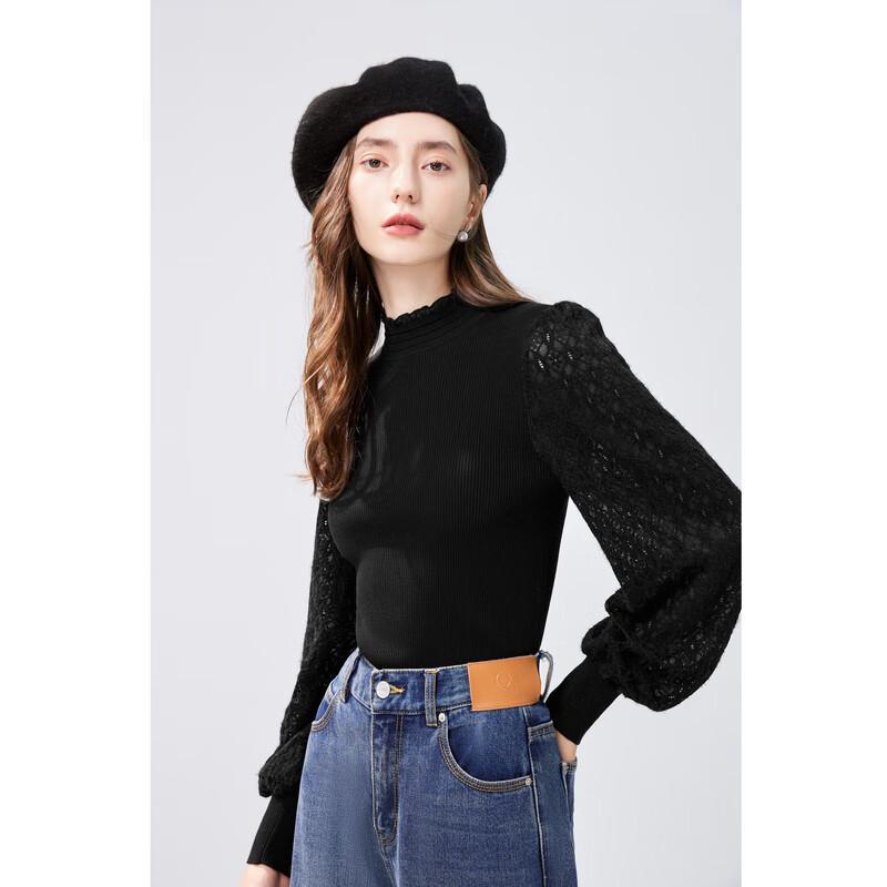 

Women s French Elegant Lace Patchwork Semi-High Neck Knit Sweater M