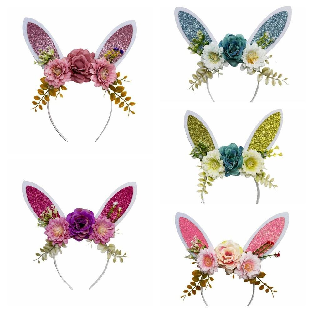 Floral Rabbit Ears Headbands Colorful Cosplay Headbands Funny Happy Easter Headdress Children