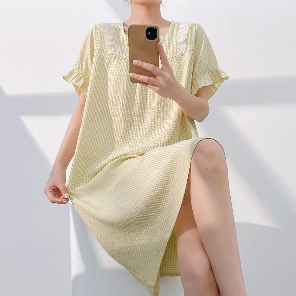 Princess style pajamas women's spring and summer new cloud cotton yarn-dyed lattice short-sleeved sweet nightdress loungewear with chest pad