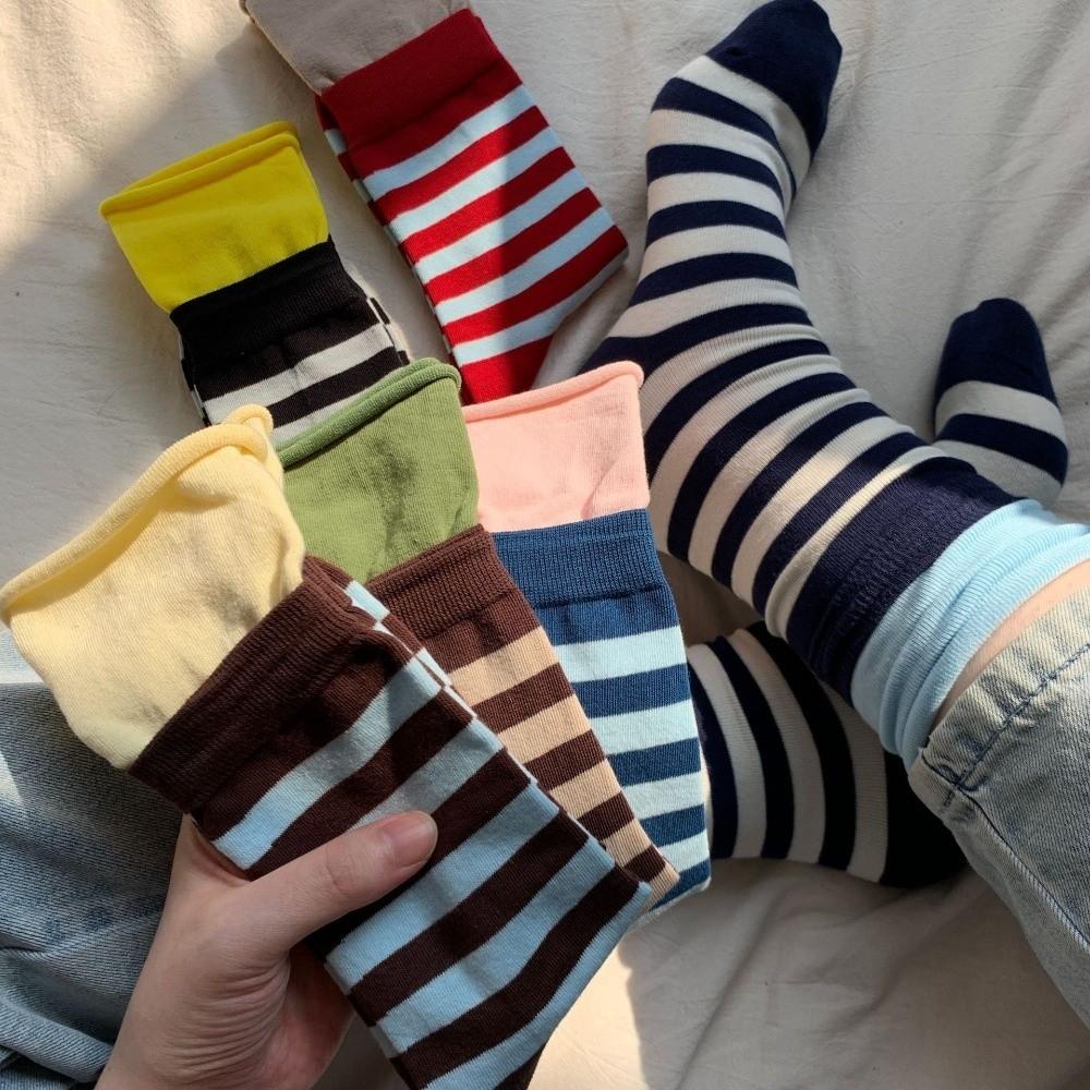 Striped Sports Socks Rolled Edge Double-Layer Socks Kawaii Mid Tube Socks For Women