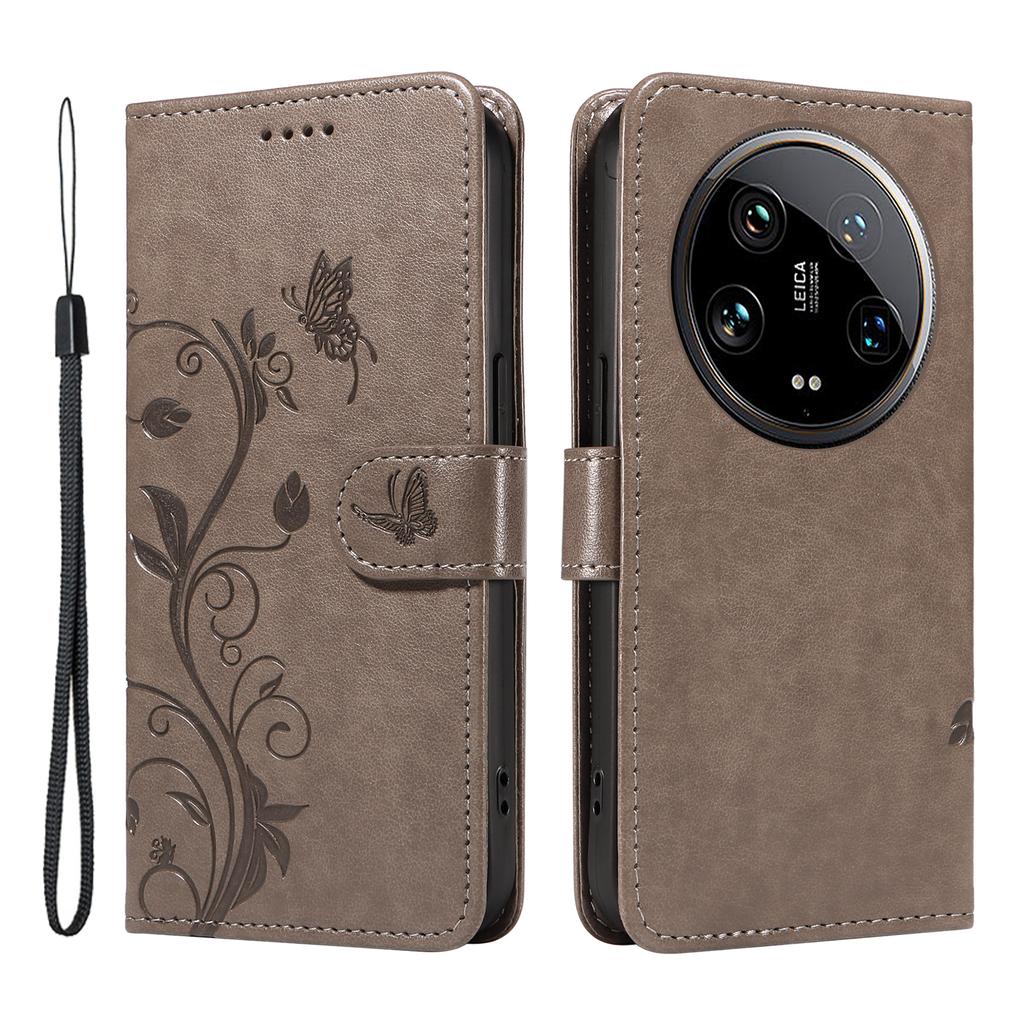 For Xiaomi 14 Ultra PU Leather Cases Flower Pattern Wallet Stand Phone Cover with Strap