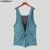 INCERUN Mens Deep V Mesh Patchwork Front Bow Short Jumpsuits Romper Bodysuits