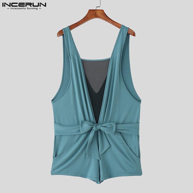 INCERUN Mens Deep V Mesh Patchwork Front Bow Short Jumpsuits Romper Bodysuits