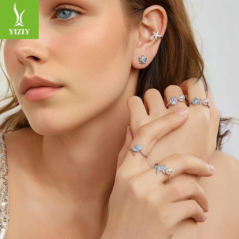 Summer Little Fresh Turtle Ring Earrings Jewelry Set 925 Sterling Silver Starfish Bead Ring Jewelry