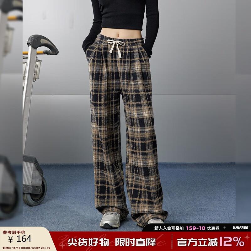 

UNIFREE Retro Plaid Fleece-Lined Straight-Leg Casual Pants S