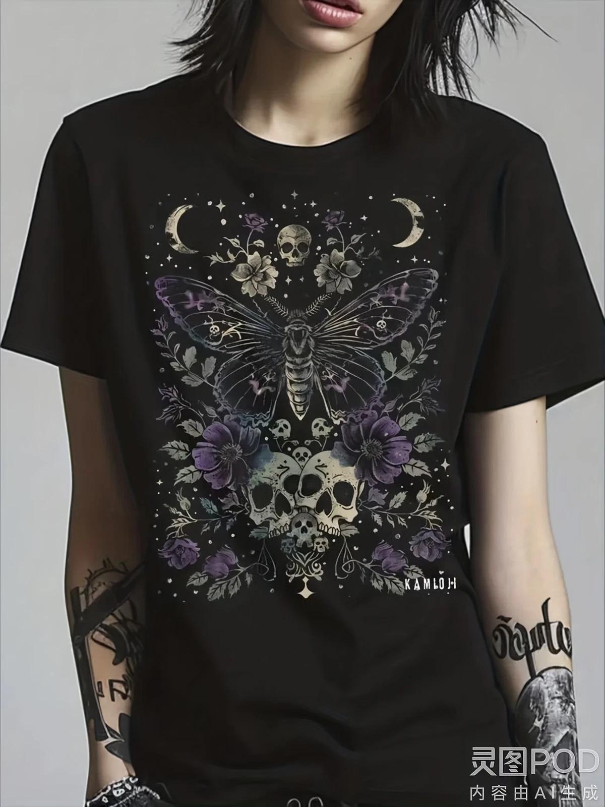 Unisex Gothic Moth & Skull T-Shirt - Dark Academia Witchy Short Sleeve Top with XS
