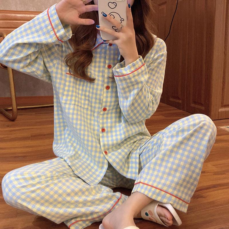 Pajamas women's spring and autumn imitation cotton high value fresh and sweet love women's long-sleeved trousers set loose loungewear