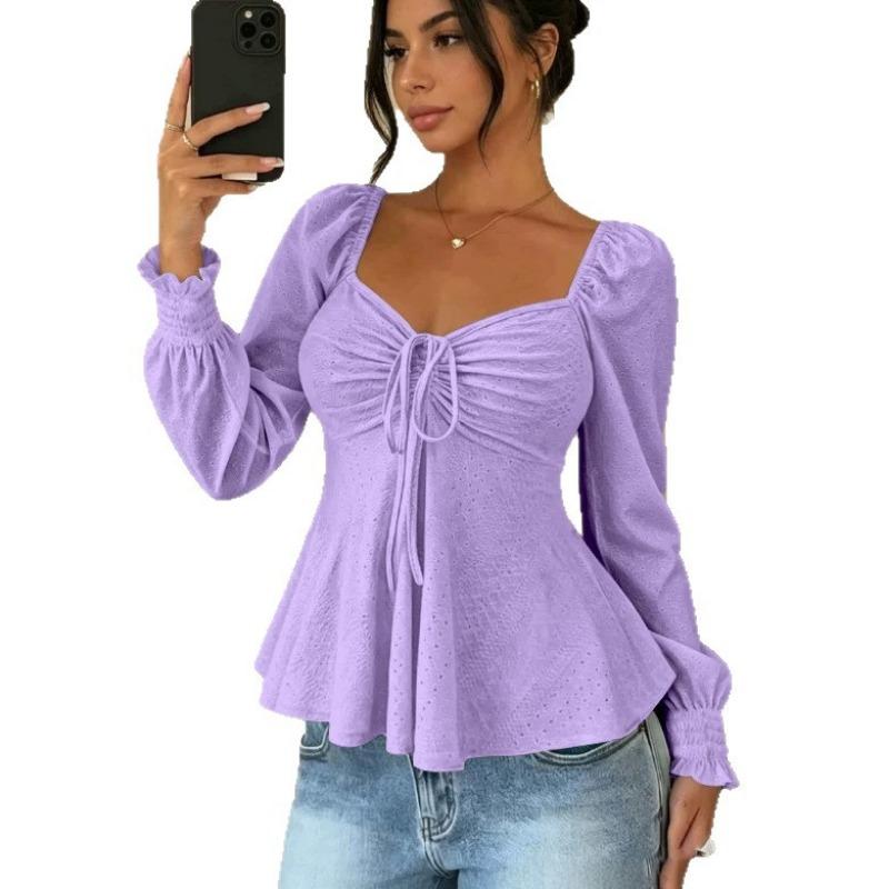 Women V Neck Drawstring Ruched Solid Color Loose Long Sleeve Casual T Shirt