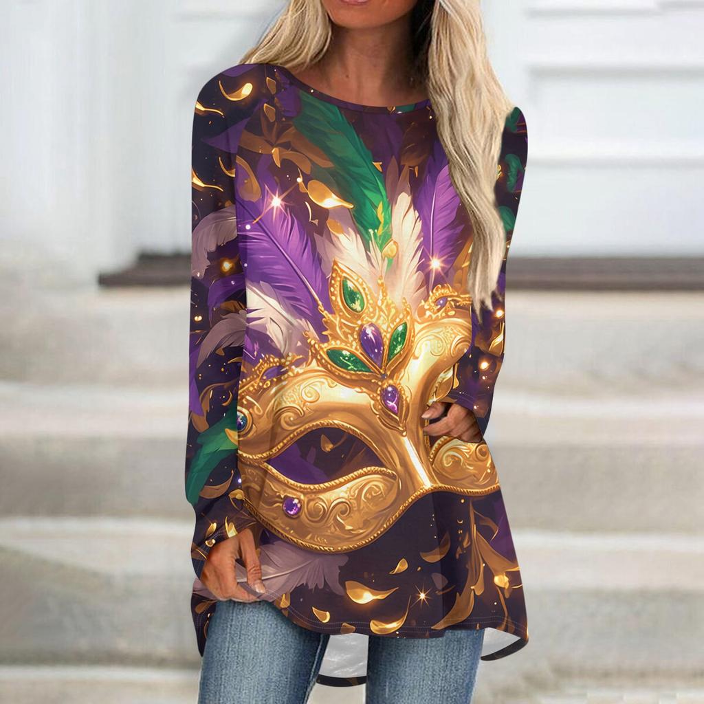 Women's Fashionable Round Neck Raglan Long Sleeved Carnival Printed Casual Pullover Top